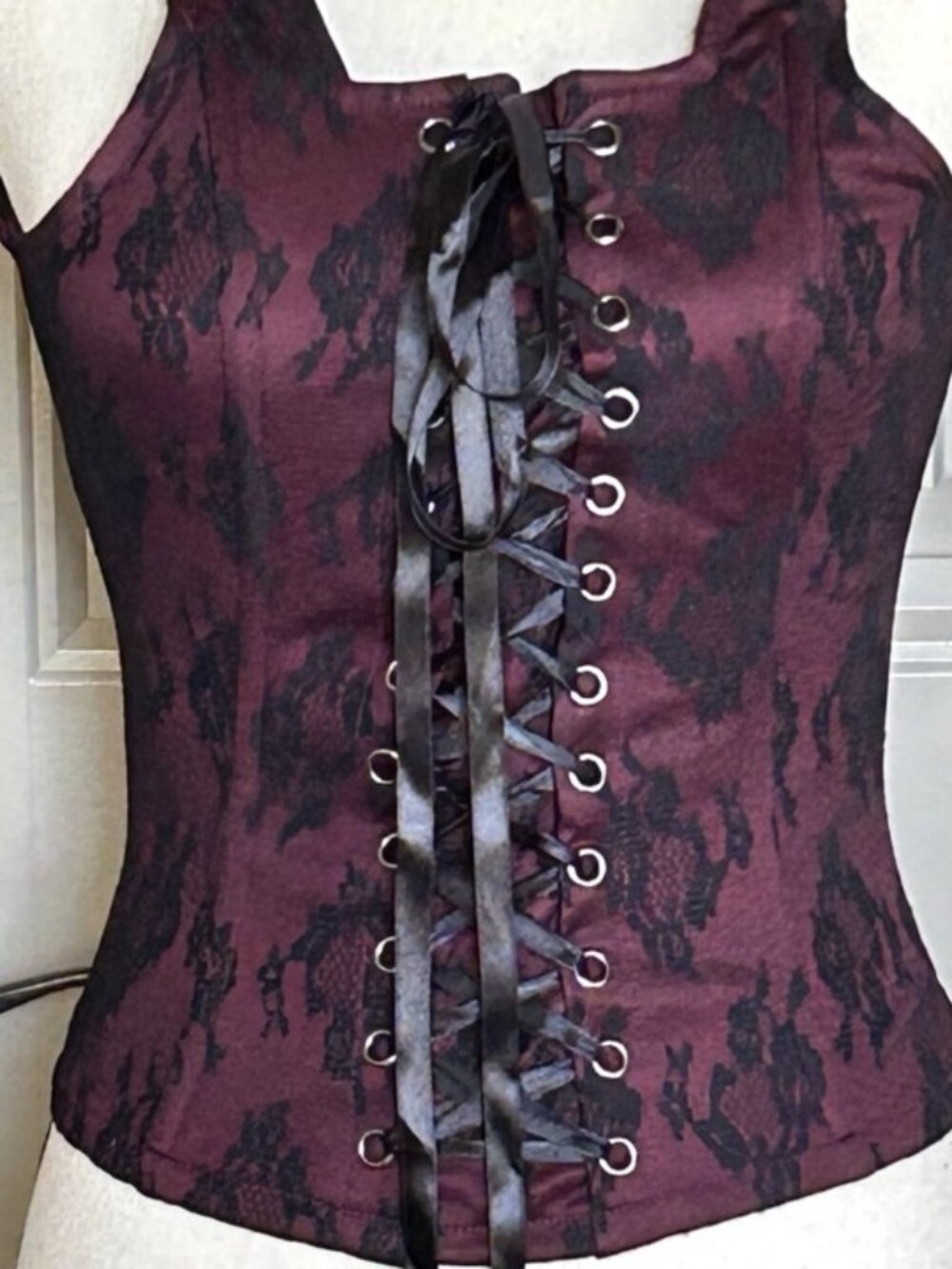 Social Collision Womens Sz M Lace Up Back Zip Corset Top Red Black Burlesque - Picture 2 of 14